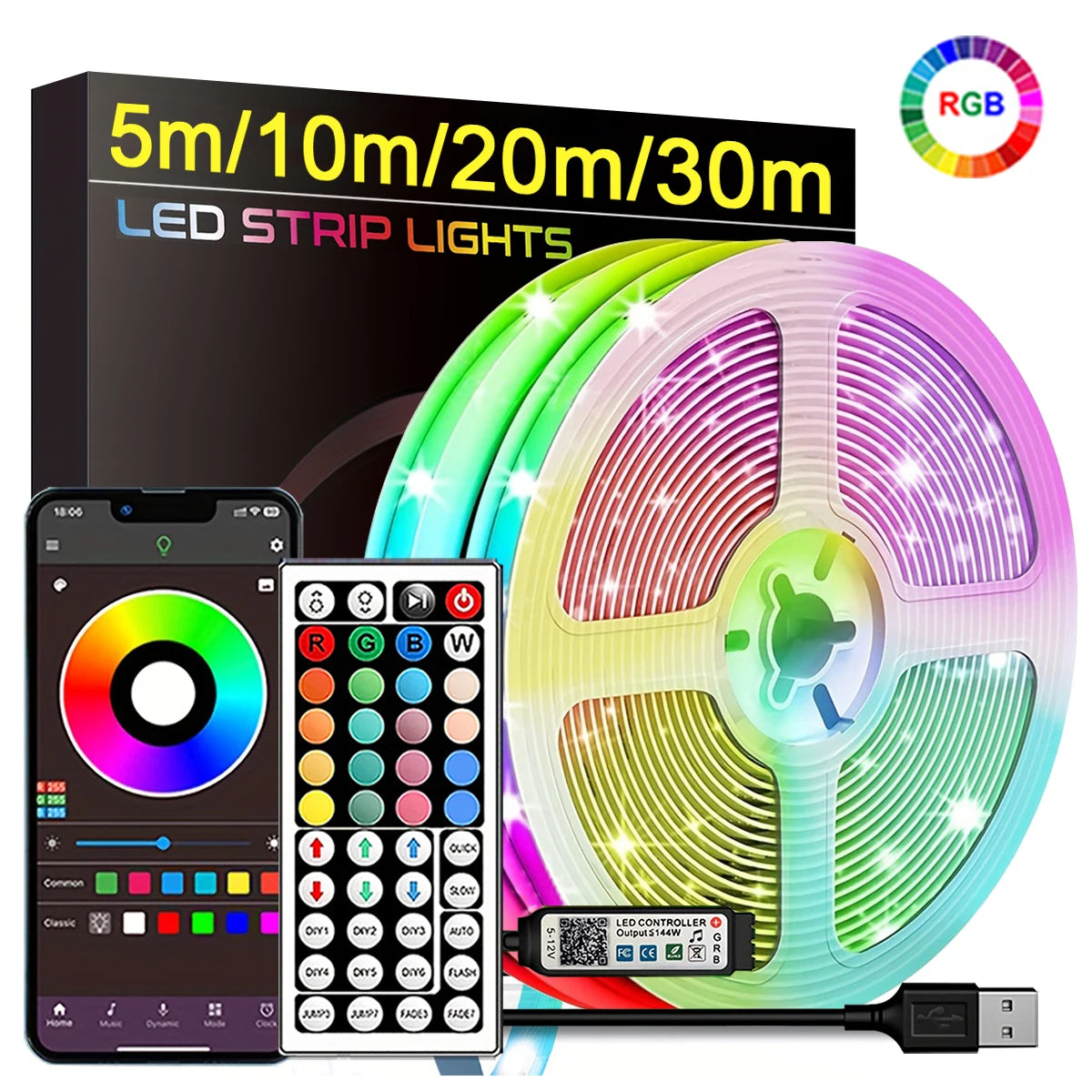 Ruban LED RGB Glowver – Télécommande IR / App |0.5m à 30 m